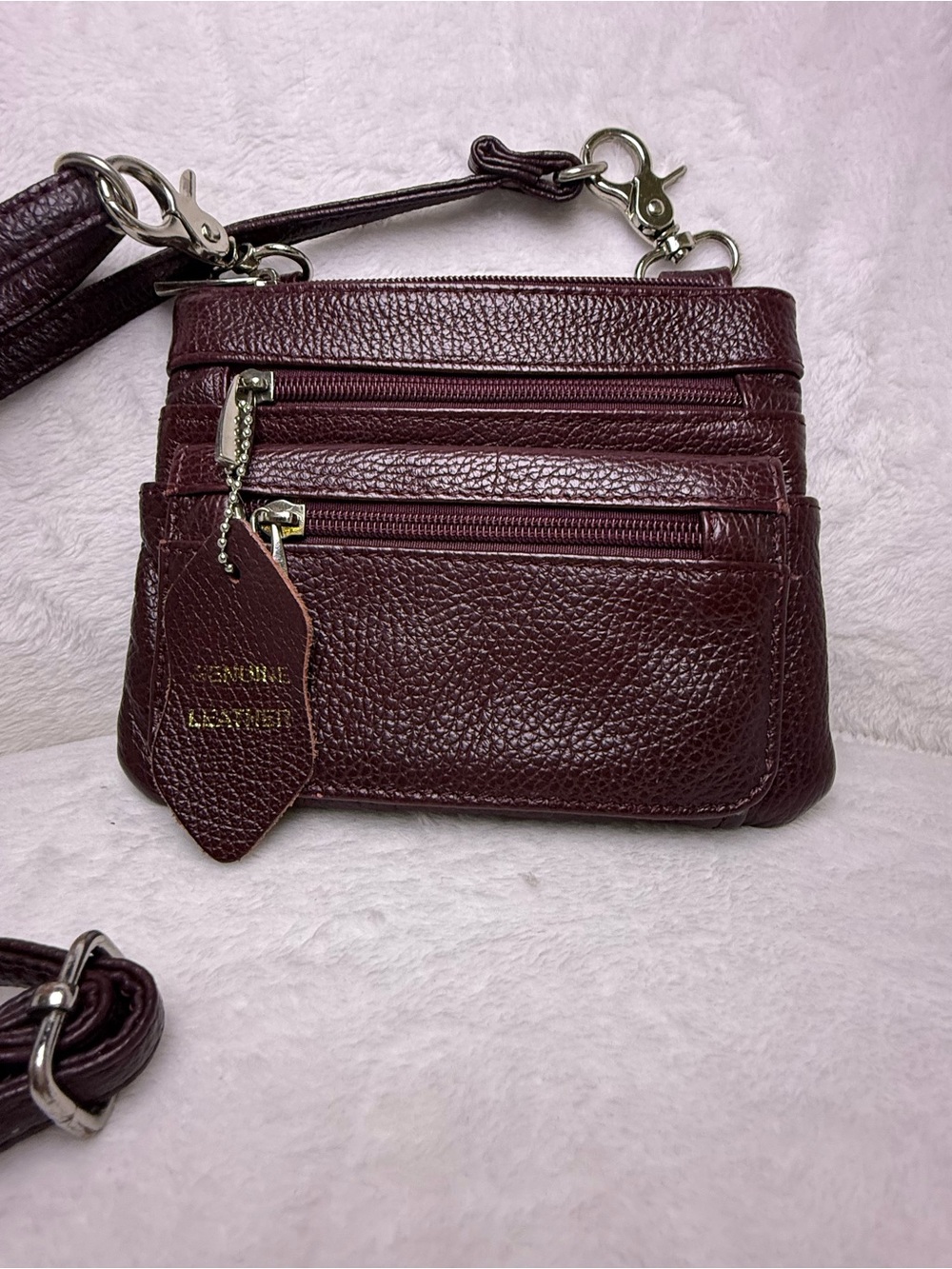 Judith Ripka burgundy pebbled leather multi-zip crossbody bag, excellent
